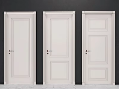 White Hinged Interior Doors With Various Panel Designs Against Dark Wall 3d model