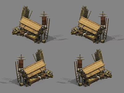 Rustic Traditional Bamboo Shelter with Thatched Roof Ladder and Stone Base 3d model