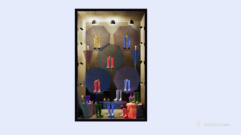 Modern Shop Window Display Featuring Colorful Umbrellas and Rain Boots 3d model 