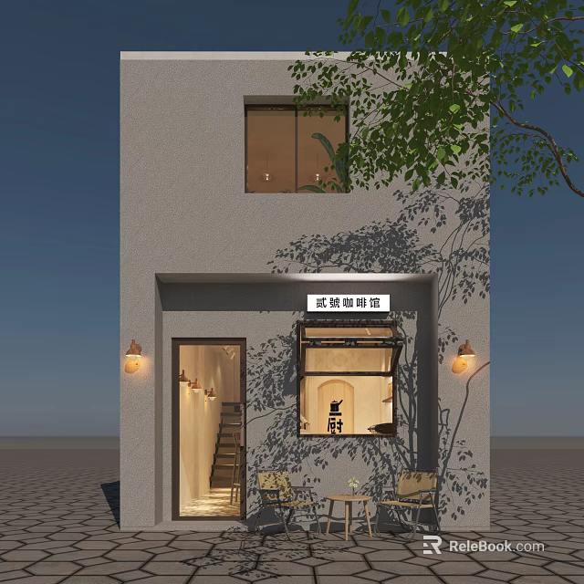 Charming Cafe Building Exterior With Outdoor Lights Staircase Seating And Tree Branches 3d model 