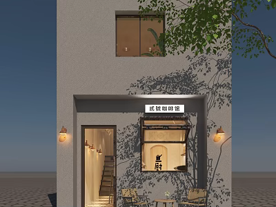 Charming Cafe Building Exterior With Outdoor Lights Staircase Seating And Tree Branches 3d model