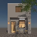 Charming Cafe Building Exterior With Outdoor Lights Staircase Seating And Tree Branches