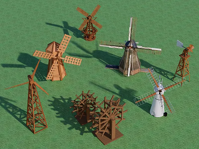 Various Windmill Architectural Components With Wooden Structures And Traditional Designs 3d model