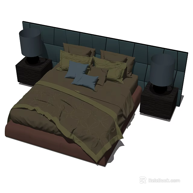 Green Upholstered Headboard Double Bed With Brown Bedspread Pillows And Bedside Lamps 3d model 
