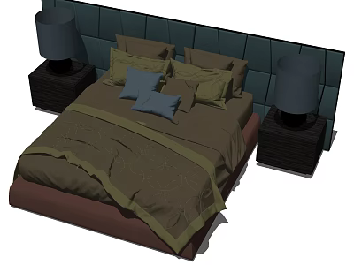 Green Upholstered Headboard Double Bed With Brown Bedspread Pillows And Bedside Lamps 3d model
