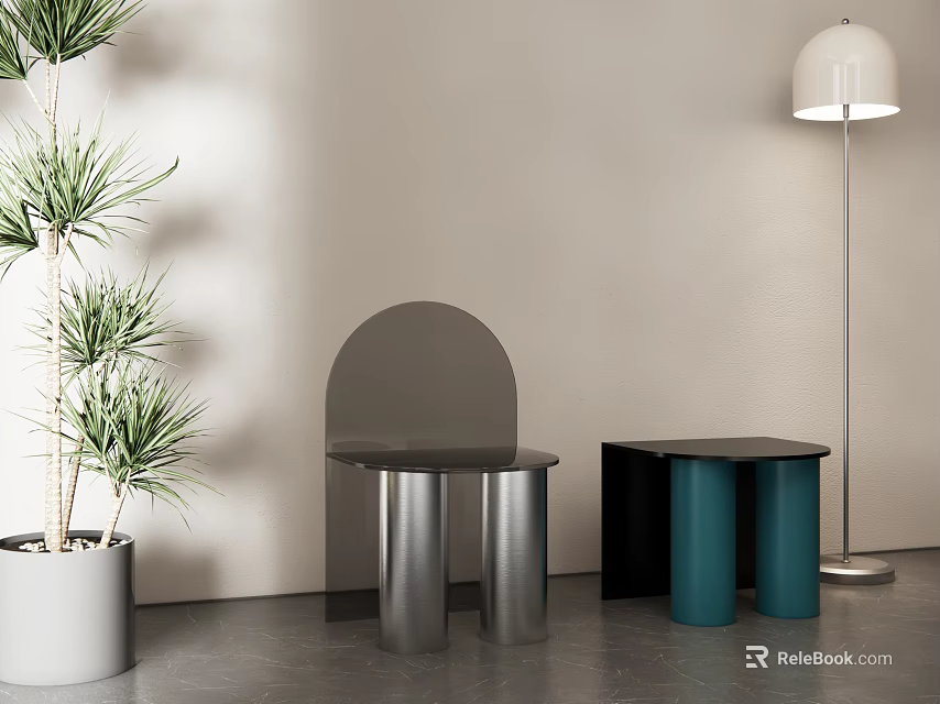 Modern Stools With Cylindrical Legs Black Tops Green Plant And Floor Lamp 3d model 