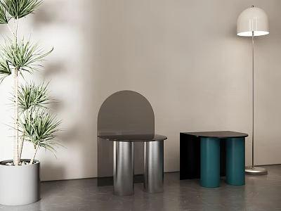 Modern Stools With Cylindrical Legs Black Tops Green Plant And Floor Lamp 3d model