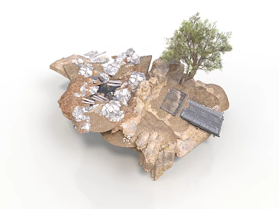 3D Terrain Scene With Rocks Debris Tree And Metal Grid Structure 3d model