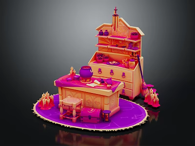 Cartoon Style Magical Scene With Pink Orange Cottage Cabinets Cauldron Candles And Table 3d model