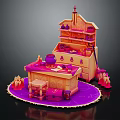 Cartoon Style Magical Scene With Pink Orange Cottage Cabinets Cauldron Candles And Table
