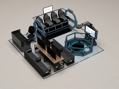 Modern Tech Gaming Setup With Ergonomic Chairs Multiple Monitors And Control Console 3d model
