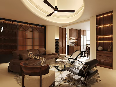 Modern Living And Dining Room Interior With Brown Sofa Woven Partition And Round Ceiling Fan 3d model