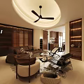 Modern Living And Dining Room Interior With Brown Sofa Woven Partition And Round Ceiling Fan