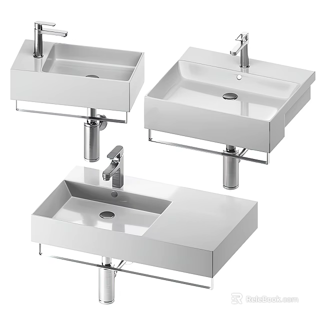 Modern White Wall Mounted Washbasins with Chrome Faucets and Metal Brackets Contemporary Design 3d model 