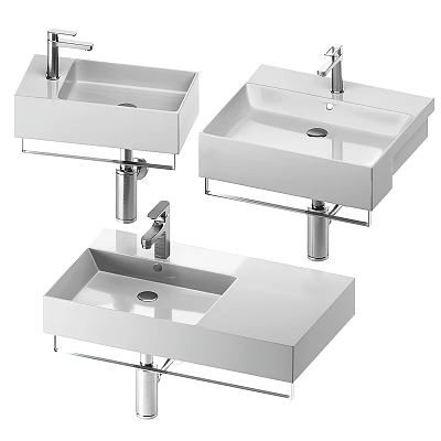 Modern White Wall Mounted Washbasins with Chrome Faucets and Metal Brackets Contemporary Design 3d model