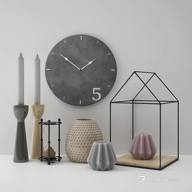 Modern Decorative Ornament Collection With Clock Candles Hourglass Textured Vases And Geometric Terrarium 3d model 