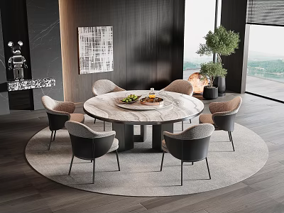Modern Round Dining Table Set With Marble Top Six Gray Chairs Green Plant And Window 3d model