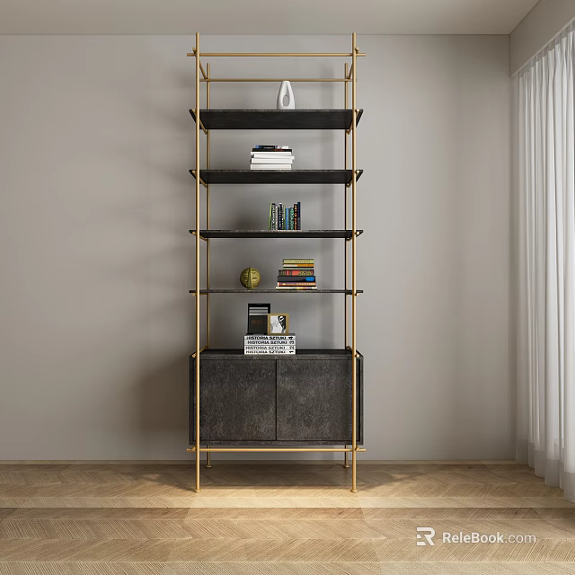 Modern Shelf Cabinet with Gold Metal Frame Black Shelves Holding Books Vase and Decorations 3d model 