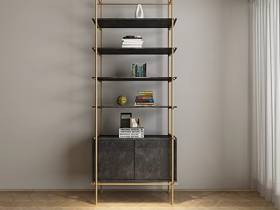 Modern Shelf Cabinet with Gold Metal Frame Black Shelves Holding Books Vase and Decorations 3d model