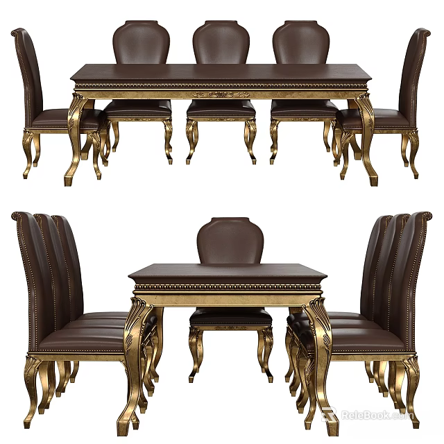 Luxurious Wooden Dining Table And Chairs Set With Brown Leather Seats Gold Carved Legs 3d model 