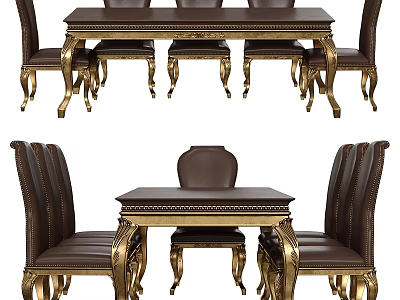 Luxurious Wooden Dining Table And Chairs Set With Brown Leather Seats Gold Carved Legs 3d model
