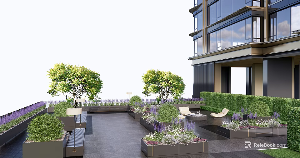 Roof Garden Outdoor Design With Green Trees Seating Area And Decorative Planters 3d model 