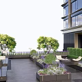 Roof Garden Outdoor Design With Green Trees Seating Area And Decorative Planters