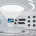 Modern Tech Exhibition Hall With Circular Ceiling Lamp Digital Screens And Curved White Reception Desk