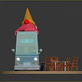 Ice Cream Truck Setup With Blue Exterior Orange Cone Pink Ice Cream Red Tables Chairs