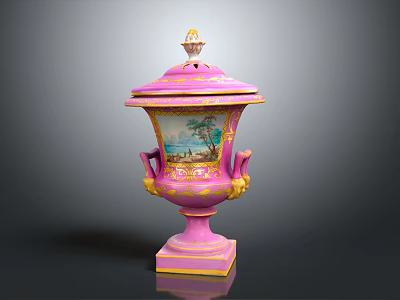 Pink Decorative Ornament Set With Gold Accents Lid And Landscape Painting Design 3d model