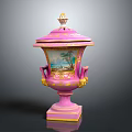 Pink Decorative Ornament Set With Gold Accents Lid And Landscape Painting Design
