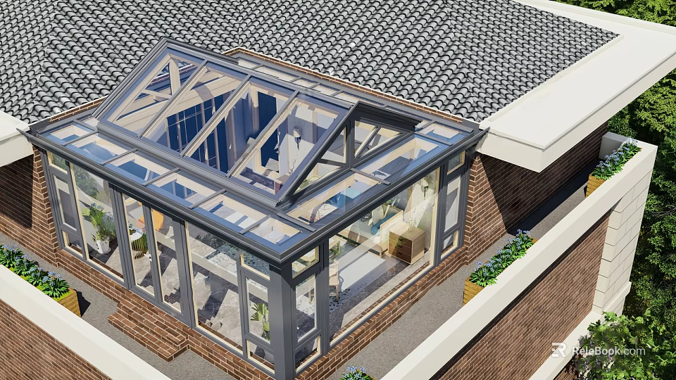 Sunroom Style Villa Balcony Featuring Glass Roof Transparent Walls And Green Plants 3d model 