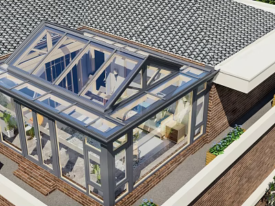 Sunroom Style Villa Balcony Featuring Glass Roof Transparent Walls And Green Plants 3d model