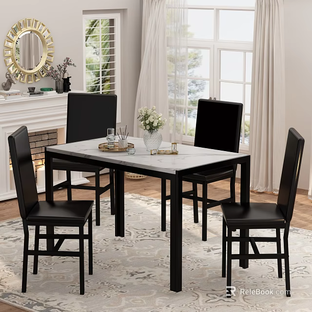 Elegant Restaurant Dining Area With Marble Tabletop Black Chairs Fireplace And Window Curtains 3d model 