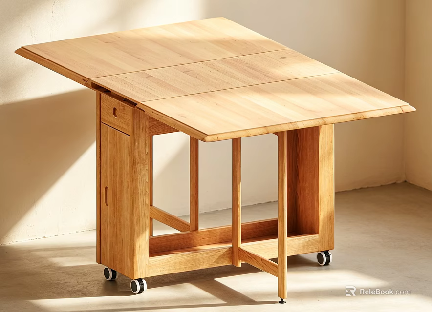 Simple Wooden Dining Table With Foldable Top And Wheels For Small Space 3d model 