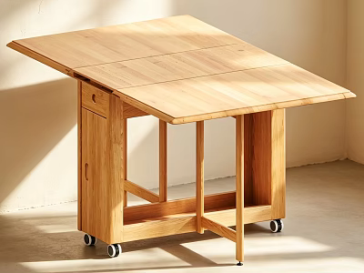 Simple Wooden Dining Table With Foldable Top And Wheels For Small Space 3d model