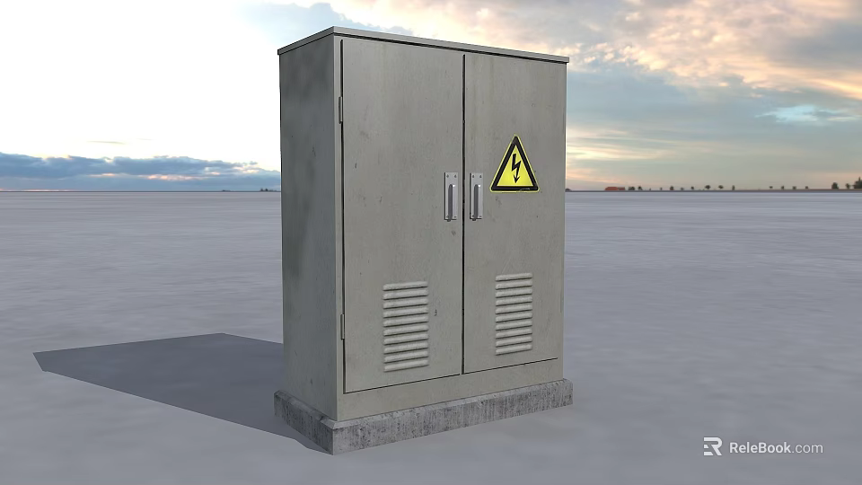 Public Utility Grey Metal Cabinet With Double Doors Warning Sign And Concrete Base 3d model 