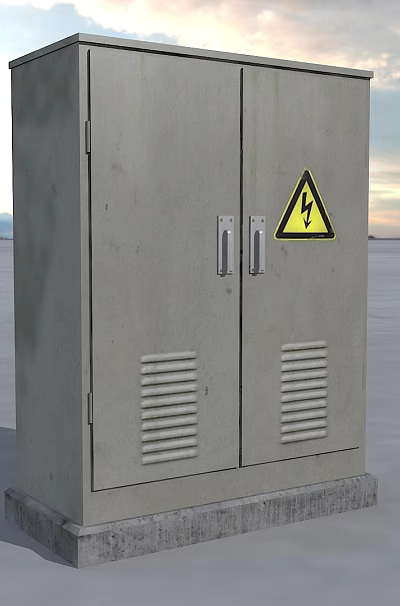 Public Utility Grey Metal Cabinet With Double Doors Warning Sign And Concrete Base 3d model