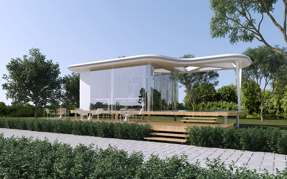 Modern Station With Glass Walls Surrounding Greenery Outdoor Platform Wooden Steps And Trees 3d model 