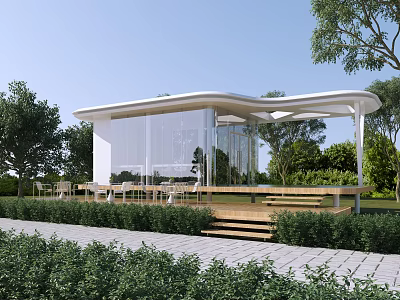 Modern Station With Glass Walls Surrounding Greenery Outdoor Platform Wooden Steps And Trees 3d model