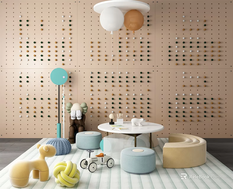 Kids Table in Playroom with Perforated Wooden Wall Colorful Balloons Soft Padded Stools Fun Toys 3d model 