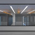 Data Center Room With Glass Server Cabinets Blue LED Lights Raised Floor And Orange Equipment