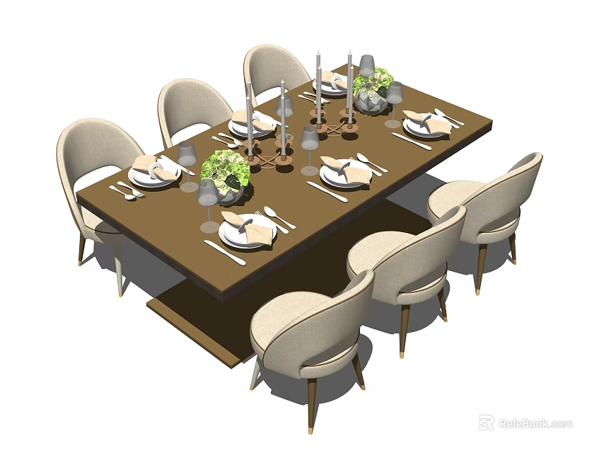 Modern Elegant Dining Table Set with Six Chairs Tableware Flower Vases And Candle Holders 3d model