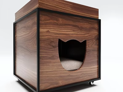 Wooden Cat Bed With Walnut Wood Finish Cat Face Shaped Entrance And Rolling Wheels 3d model