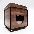 Wooden Cat Bed With Walnut Wood Finish Cat Face Shaped Entrance And Rolling Wheels