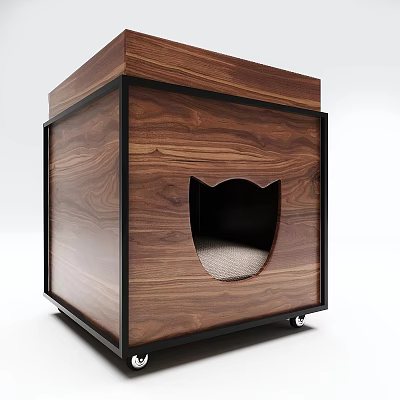 Wooden Cat Bed With Walnut Wood Finish Cat Face Shaped Entrance And Rolling Wheels 3d model