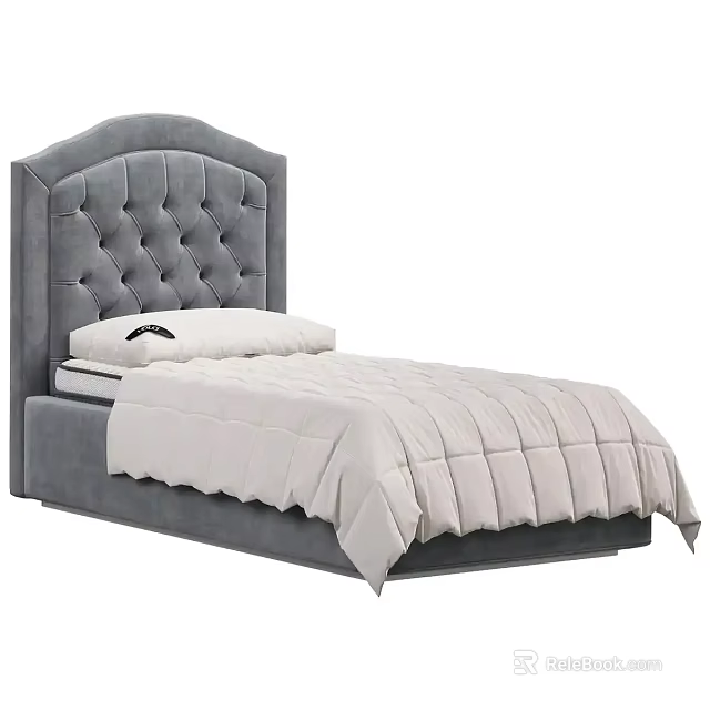 Single Bed with Gray Tufted Upholstered Headboard White Mattress and Comforter 3d model