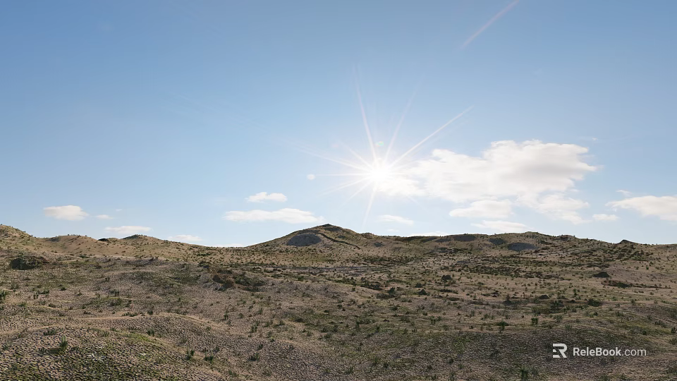 Scenic Sunny Landscape With Clear Blue Sky Shining Sun White Clouds And Rolling Rocky Hills 3d model 