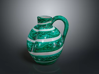 Green And White Striped Ceramic Pitcher With Decorative Pattern For Daily Use 3d model