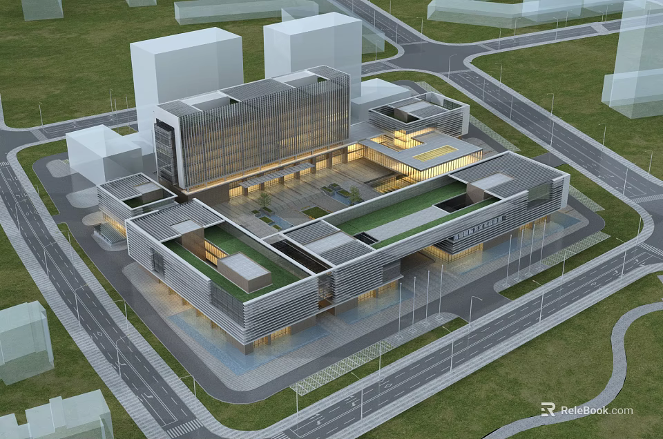 Modern Commercial Complex Showcasing Contemporary Architectural Design Green Roof And Open Plaza Areas 3d model 